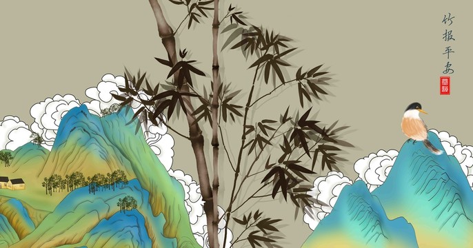 國潮山水竹子