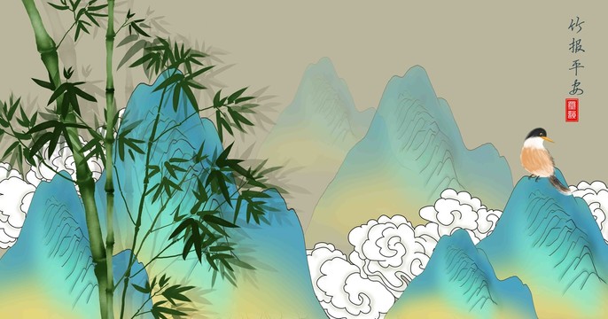 山水國潮竹子插畫