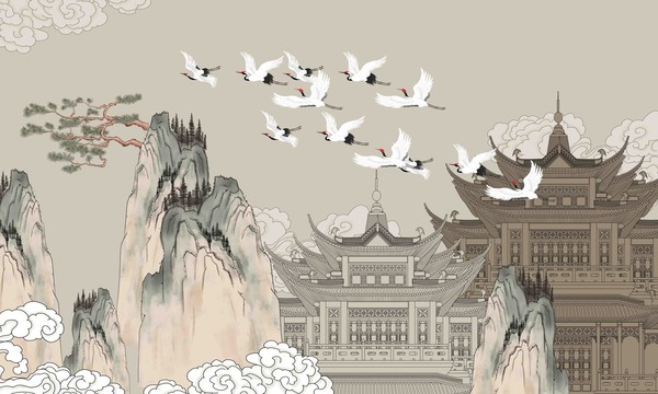 樓閣仙鶴背景墻古典閣樓