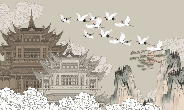樓閣仙鶴背景墻