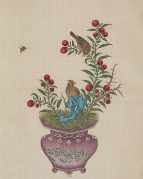蛇莓花鸟盆景国画