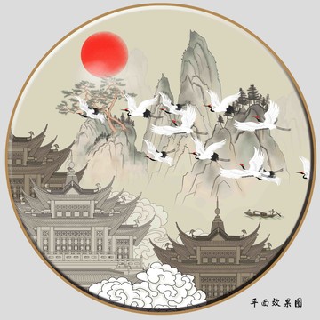 古風(fēng)閣樓仙鶴山水