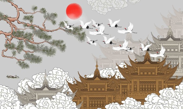 閣樓仙鶴插畫