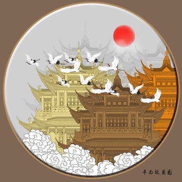 閣樓云紋壁畫掛畫