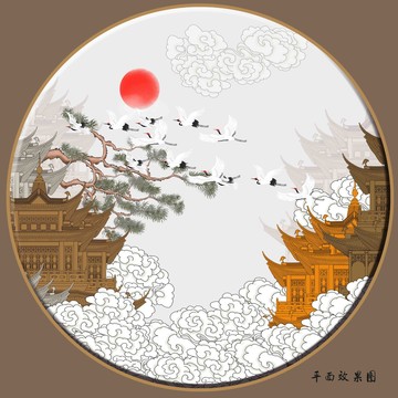 閣樓祥云掛畫壁畫仙鶴圖