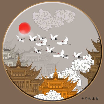 樓閣仙鶴壁畫掛畫