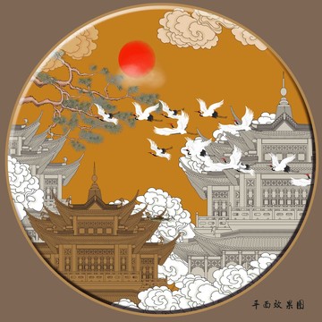 樓閣仙鶴壁畫掛畫