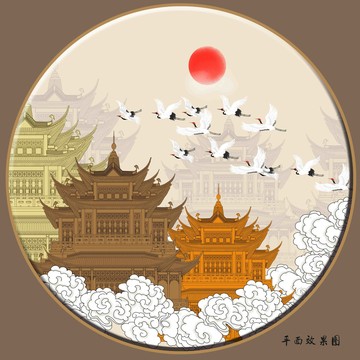 樓閣仙鶴背景墻