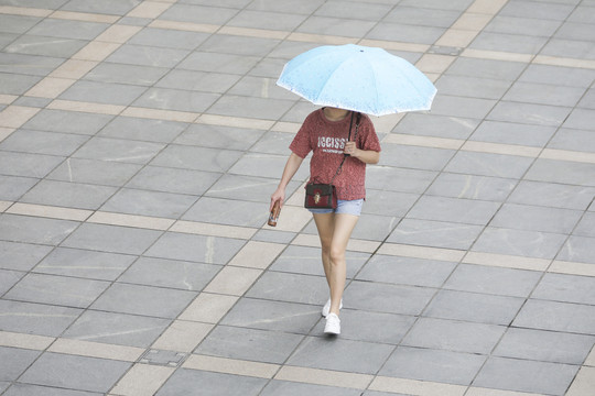 夏天拿着阳伞走在街道上的女人