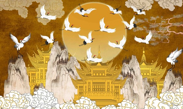 皇宮仙鶴背景墻高端瑞鶴圖