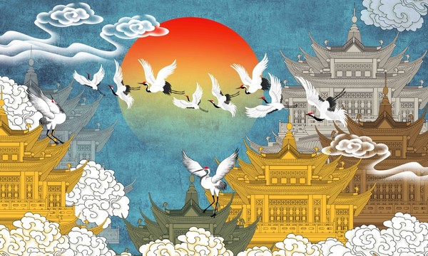 皇宮仙鶴背景墻高端瑞鶴圖