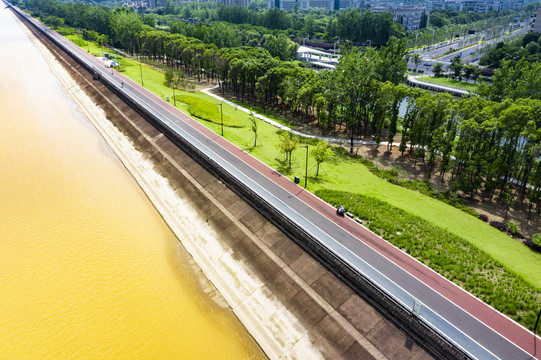 浙江杭州市下沙沿江绿道航拍