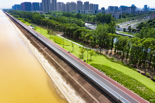 浙江杭州市下沙沿江绿道航拍