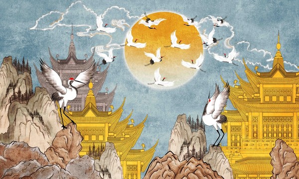 古典瑞鶴圖閣樓插畫