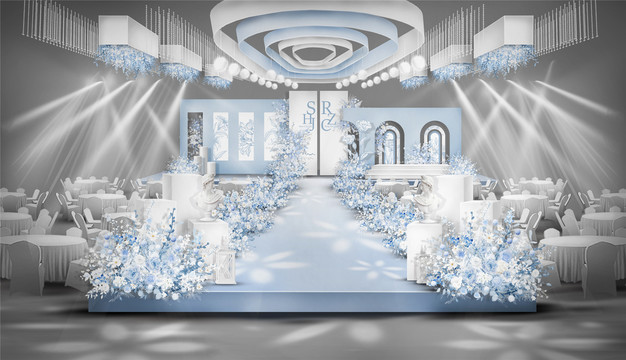 秀场风蓝白色婚礼舞台区设计