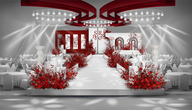 秀场小香风红白色婚礼舞台设计