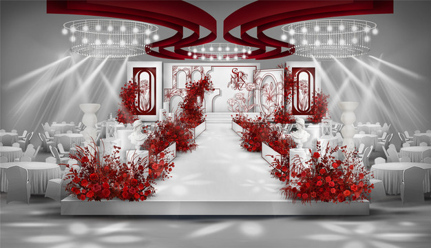 秀场小香风红白色婚礼舞台设计