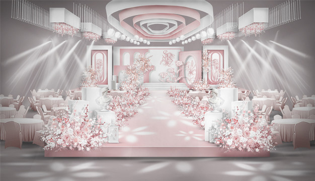 粉白色小香风婚礼舞台设计