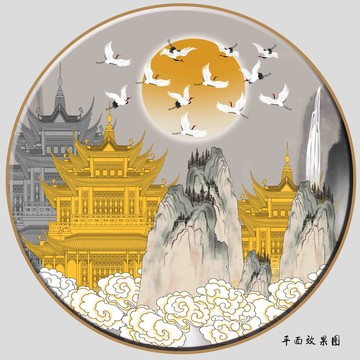 意境閣樓仙鶴插畫