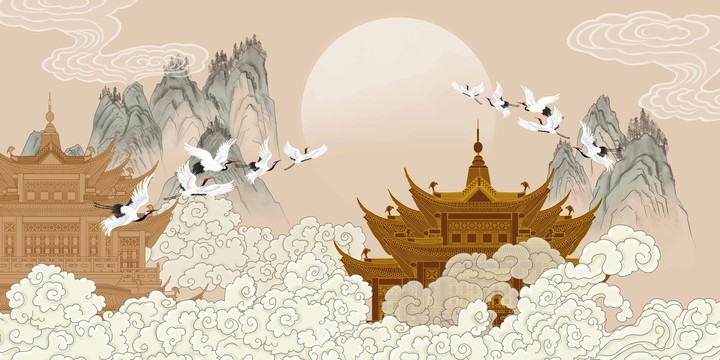 古代樓閣云紋背景墻