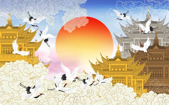 海浪仙鶴樓閣皇宮背景墻