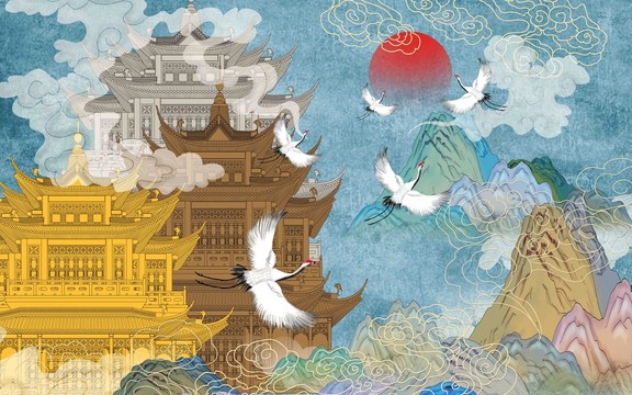 瑞鶴圖背景墻酒店大堂高端壁畫