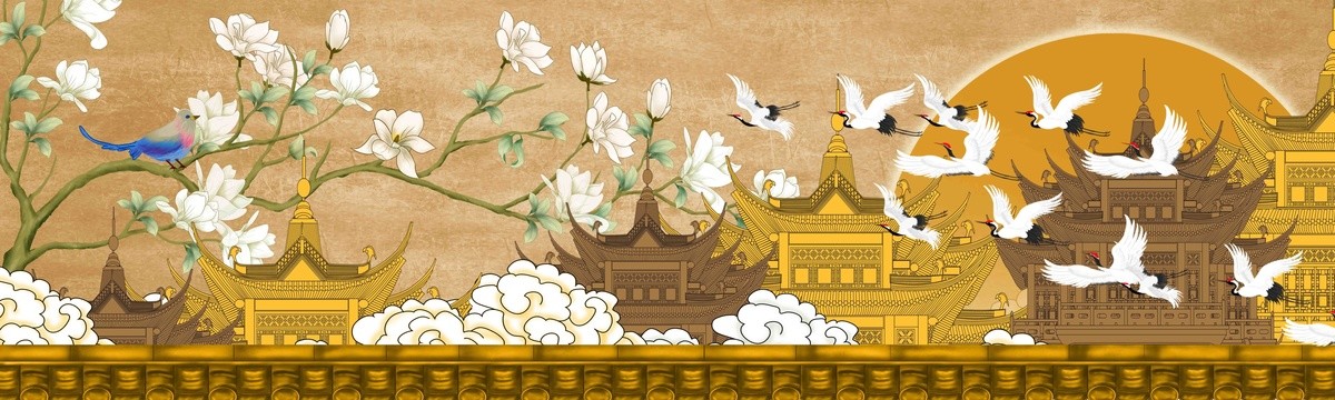 玉蘭花閣樓背景插畫