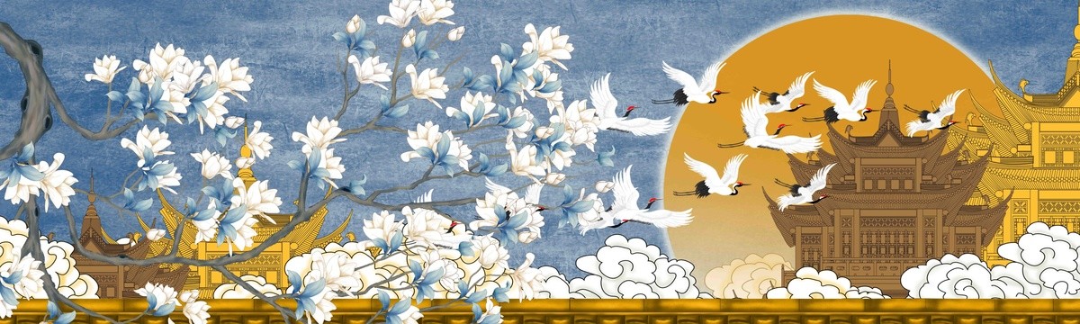 新中式閣樓花鳥瑞鶴圖