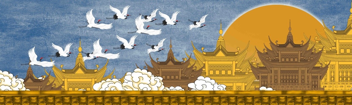 閣樓仙鶴皇宮背景墻