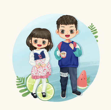 Q版卡通兄妹頭像手繪