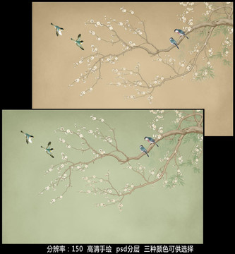 中式工筆梅花壁畫背景墻