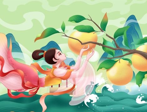 中國風柚子仙女插畫