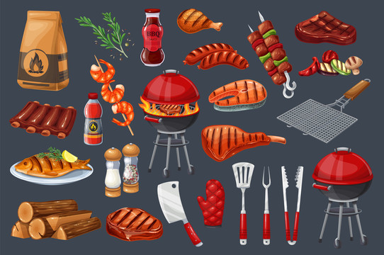 夏季烧烤烹饪食材及工具插画素材