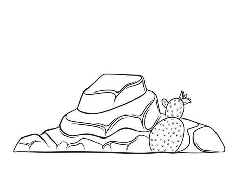 黑白线条风巨岩和仙人掌插画