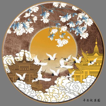 祥云樓角瑞鶴圖