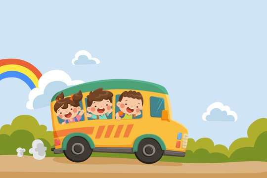 小學(xué)生搭乘校車快樂(lè)返校 返校季營(yíng)銷插圖