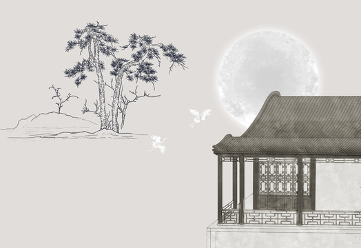 手繪中式建筑松樹背景墻