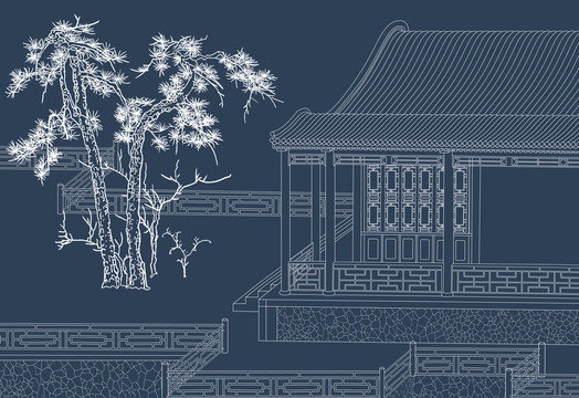 中式手绘阁楼意境背景装饰画