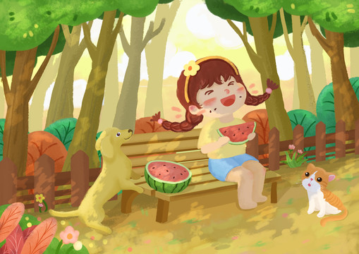 小女孩在夏天吃西瓜