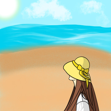 夏日海邊美女插畫