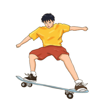 少年玩滑板手繪卡通元素