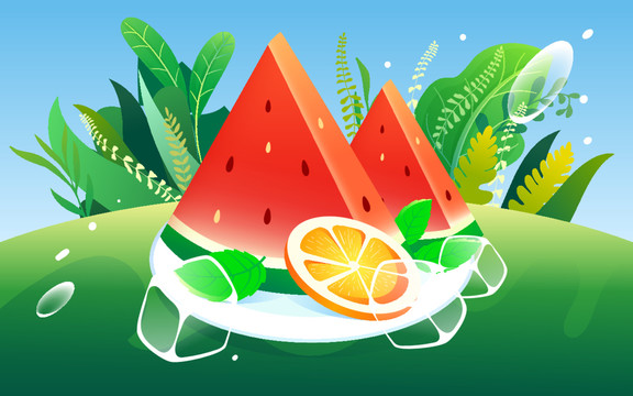 夏天解暑綠色水果西瓜果汁插畫