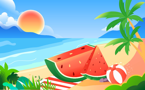 夏天解暑綠色水果西瓜果汁插畫