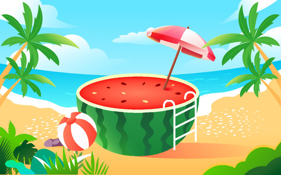 夏天解暑綠色水果西瓜果汁插畫
