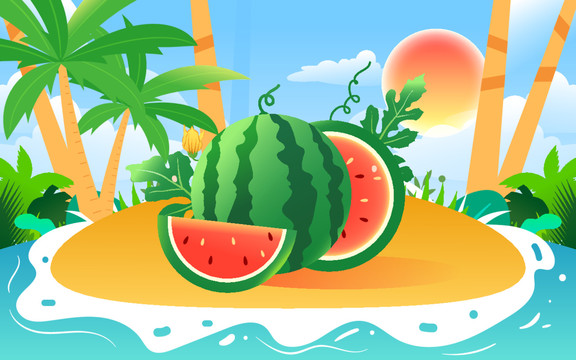 夏天解暑綠色水果西瓜果汁插畫