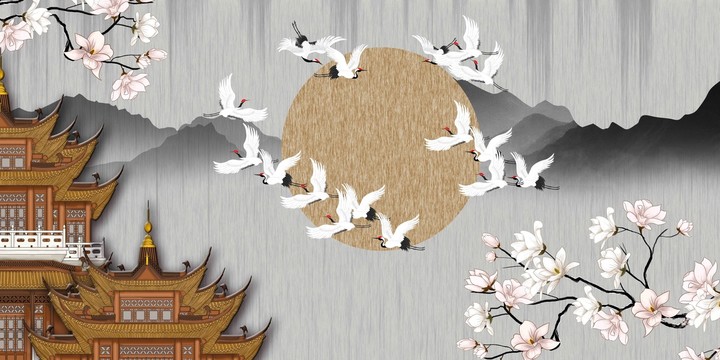 閣樓山水花鳥瑞鶴圖