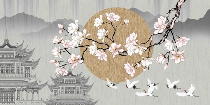 山水閣樓瑞鶴圖插畫