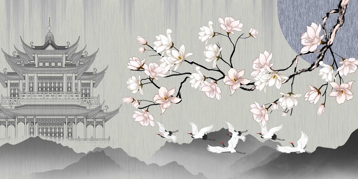 山水閣樓瑞鶴圖花鳥插畫
