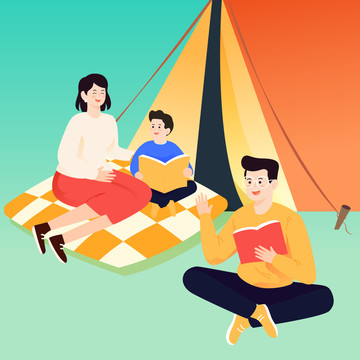 夏天暑期戶外露營(yíng)草地帳篷插畫