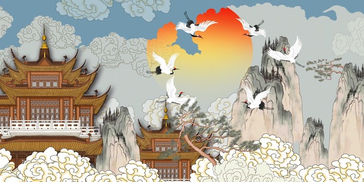 瑞鶴圖仙鶴皇宮背景墻酒店壁畫(huà)